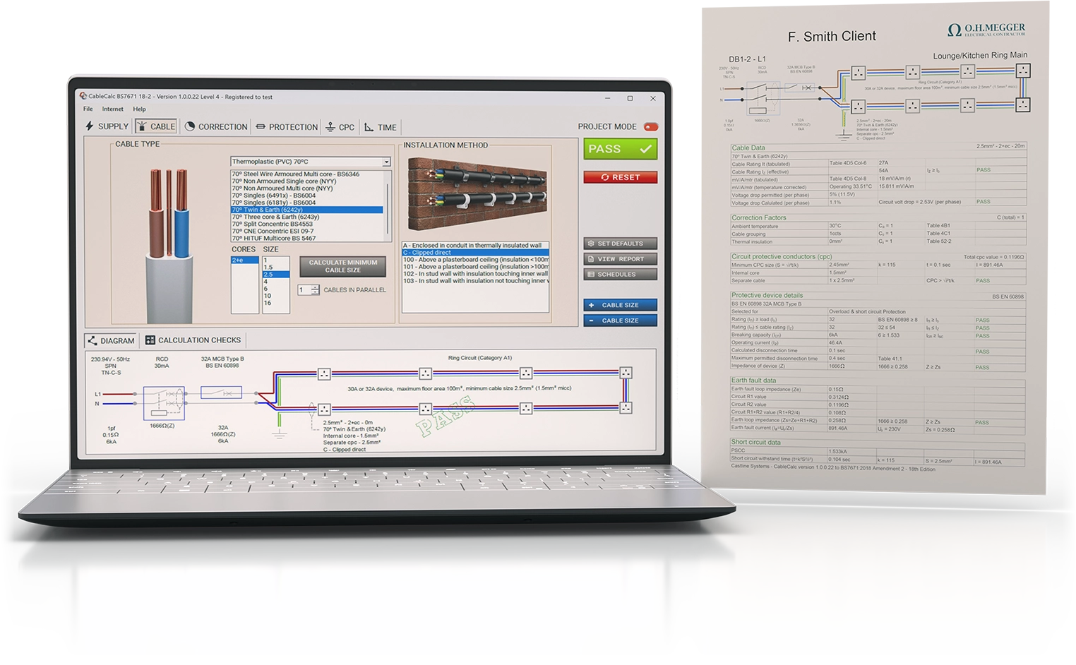 CableCalc BS7671 18-4 Level 1 cable calculation software and printout