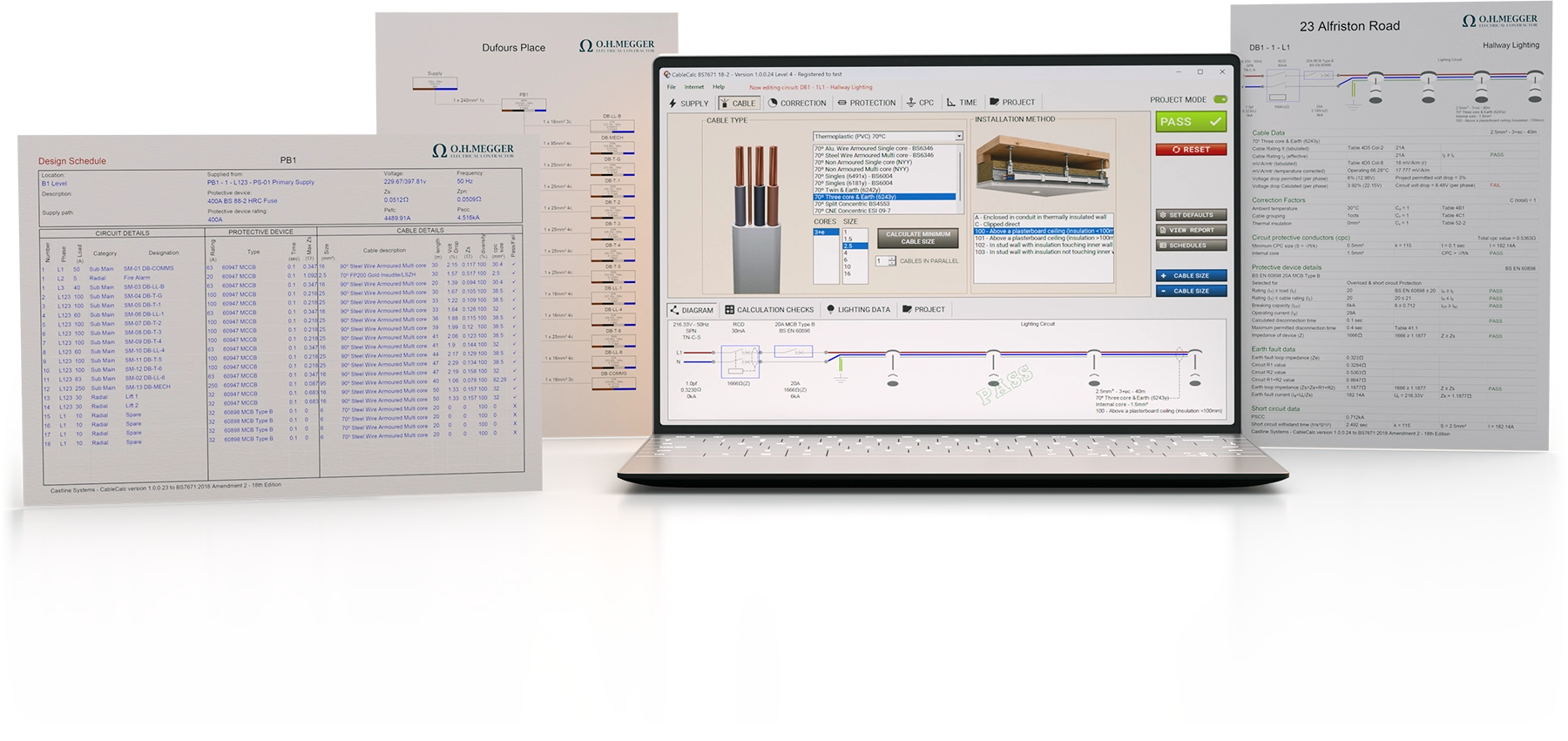 CableCalc Level 2 project design software with laptop and project printouts