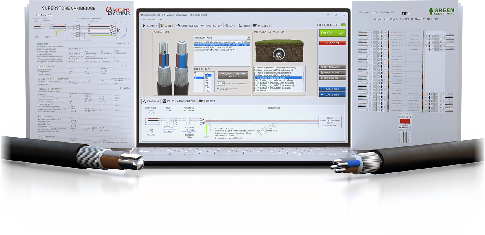 CableCalc BS7671 Level 4 shown on a laptop with distribution board printouts and aluminium cable models