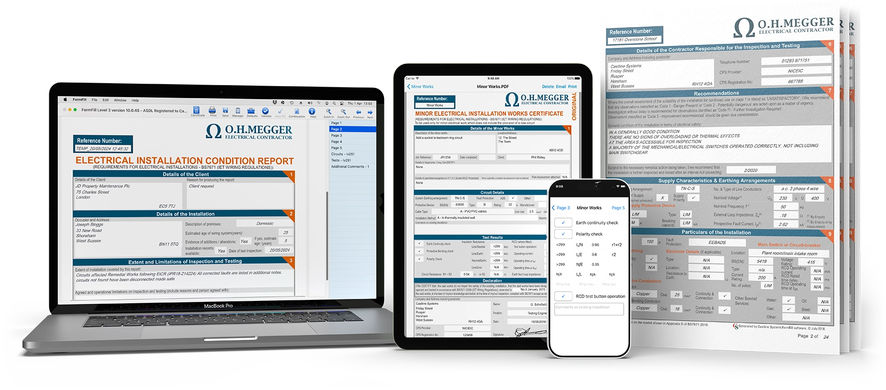 FormFill running on a laptop, tablet and mobile device alongside completed electrical certificates